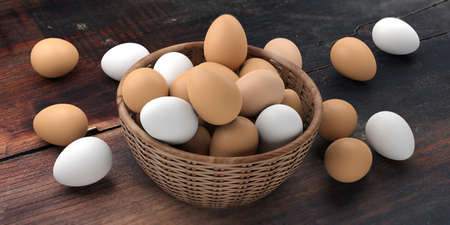 3d rendering white and brown eggs in a basket on black background