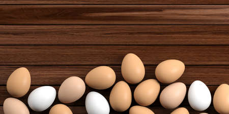 3d rendering white and brown eggs on a wooden backgroundの写真素材