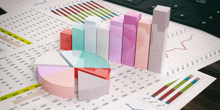 3d rendering bar and pie charts on a black keyboardの写真素材