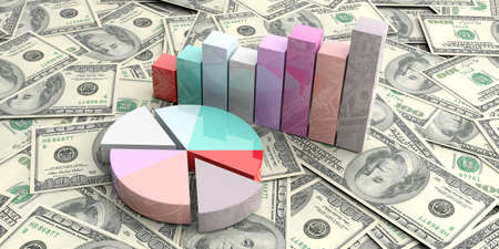 3d rendering bar and pie charts on 100 dollar bank notes backgroundの写真素材