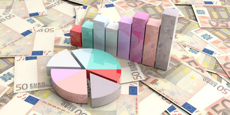 3d rendering bar and pie charts on 50 euro banknotes backgroundの写真素材