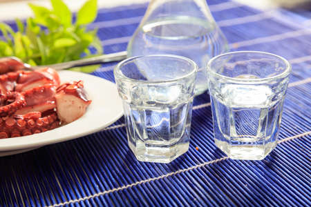 Glasses of ouzo and appetizersの写真素材