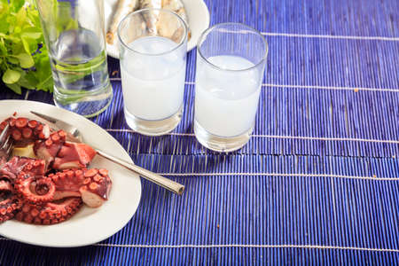 Glasses of ouzo and appetizersの写真素材