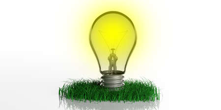 3d rendering light bulb on grass on white backgroundの写真素材