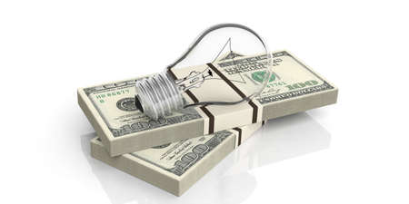 3d rendering light bulb on 100 dollar banknotes stack on white backgroundの写真素材