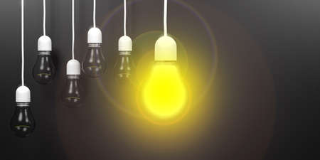 3d rendering light bulbs hanging on black backgroundの写真素材