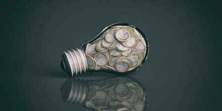 3d rendering coins inside a light bulb on black backgroundの写真素材