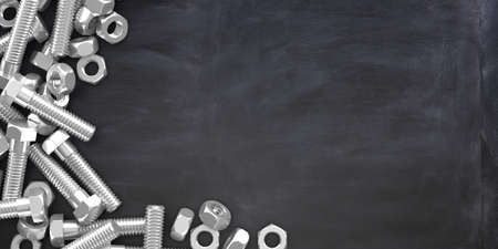 3d rendering bolts and nuts on black background with copy spaceの写真素材