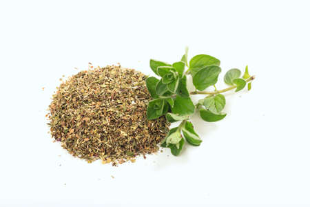 Oregano fresh and dried on white backgroundの写真素材