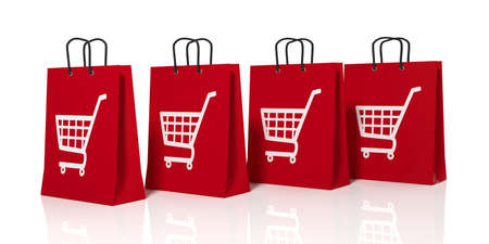 3d rendering shopping cart symbol on shopping bags on white backgroundの写真素材