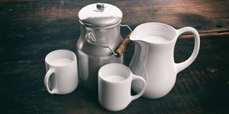 3d rendering can, jug and cups with milk on wooden backgroundの写真素材