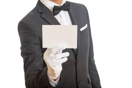 Butler holding a blank paperの写真素材