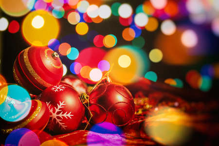 Christmas balls on a dark blur backgroundの写真素材