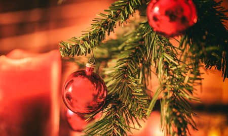 Christmas tree near a fireplaceの写真素材