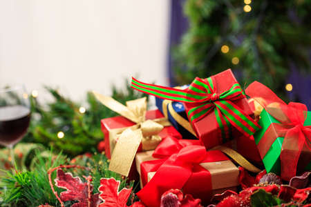 Many gift boxes on a christmas background
