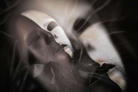 Black and silver carnival mask on black satin backgroundの写真素材