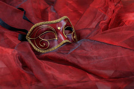 Carnival mask isolated on red fabric backgroundの写真素材
