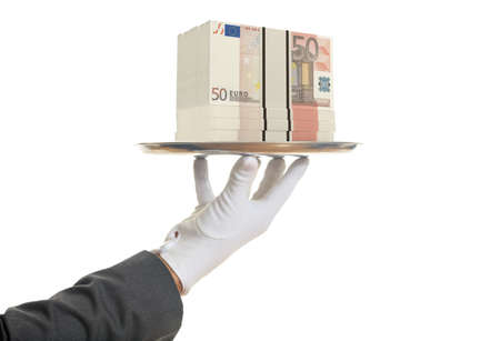 3d rendering waiter offering 50 euro banknotes in a trayの写真素材