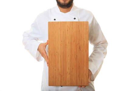Chef holding a board isolated on white background