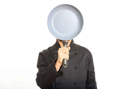 Chef with pan isolated on white backgroundの写真素材