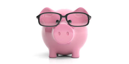 3d rendering pink piggy bank wearing eyeglasses on white backgroundの写真素材