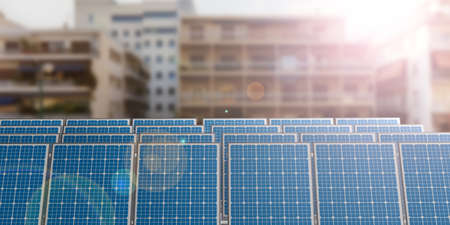 3d rendering solar panels on city blurred background