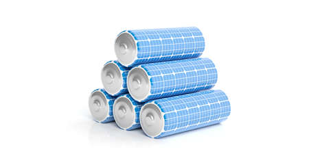 3d rendering batteries with solar panels on white background