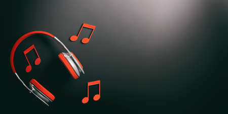 3d rendering pair of red wireless headphones and music notes on black backgroundの写真素材