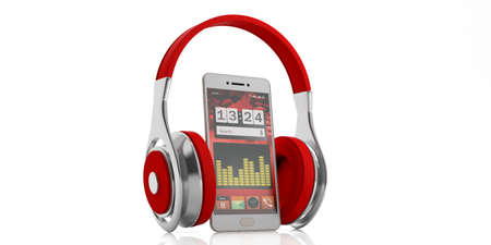 3d rendering pair of red wireless headphones and a smartphone on a white backgroundの写真素材