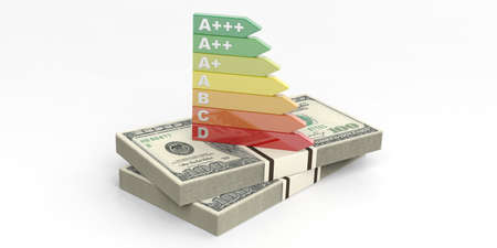 3d rendering energy efficiency classification on dollars banknotes and white backgroundの写真素材