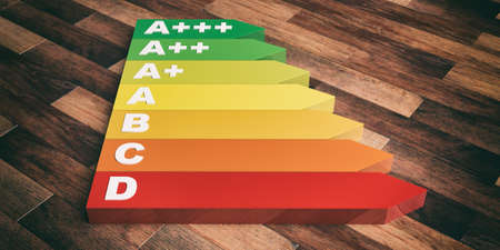 3d rendering energy efficiency classification on a wooden backgroundの写真素材
