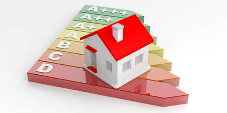3d rendering energy efficiency classification and a small house on white backgroundの写真素材