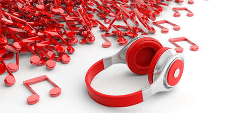 3d rendering pair of wireless headphones and music notes on white backgroundの写真素材