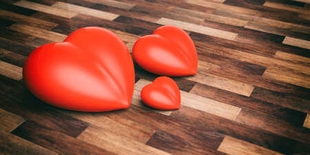3d rendering red hearts on wooden backgroundの写真素材