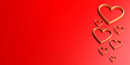 3d rendering golden hearts on red backgroundの写真素材