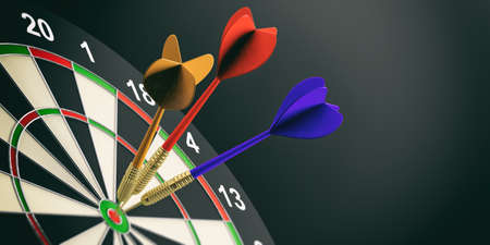 3d rendering colorful darts on target on black background