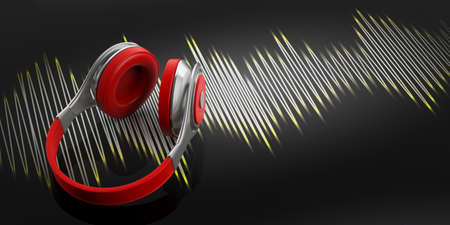 3d rendering headphones and music wave on black backgroundの写真素材