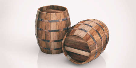 3d rendering old wooden barrels on white background