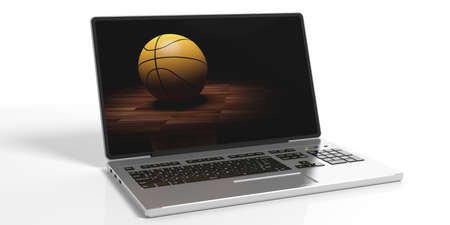 3d rendering basketball on a laptop screen on white backgroundの写真素材