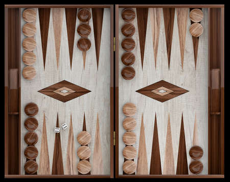 Wooden backgammon board and pieces. 3d illustration