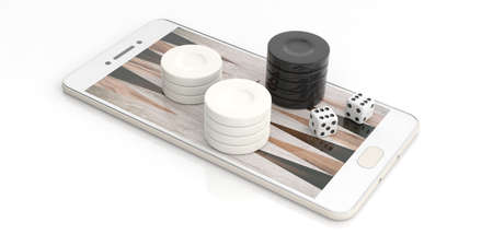 Backgammon chips on a smartphone on white background. 3d illustration