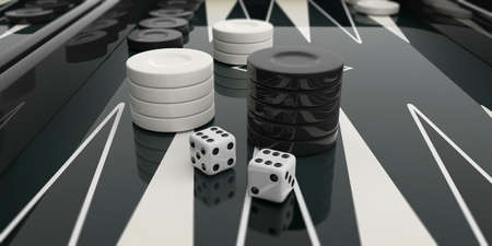 Black and white backgammon board and pieces. 3d illustration