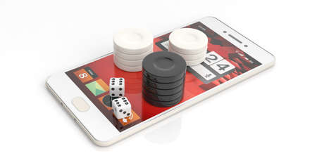 Backgammon chips on a smartphone on white background. 3d illustration