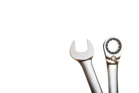 Two shiny spanners isolated on white backgroundの写真素材
