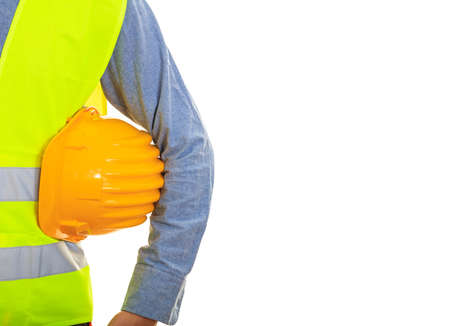 Man with safety equipment on white backgroundの写真素材