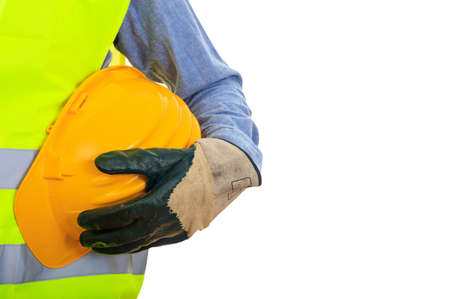 Man with safety equipment on white backgroundの写真素材
