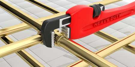 Red monkey wrench and pipes isolated on white background. 3d illustrationの写真素材
