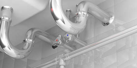 Water pipes under double kitchen sink. 3d illustartionの写真素材