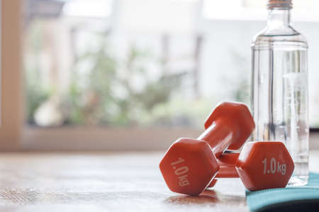 Pair of orange dumbbells on a wooden floorの写真素材