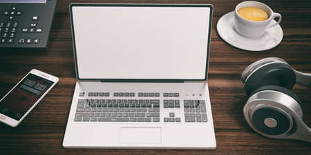 Laptop on a wooden desk. 3d illustrationの写真素材